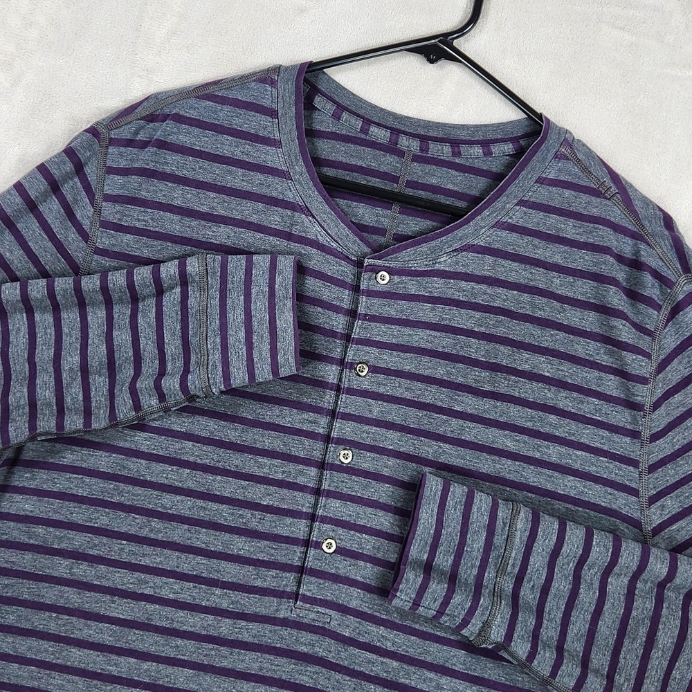 Lululemon Shirt Mens Large Gray Stripe Long Sleeve Henley Performance Tee